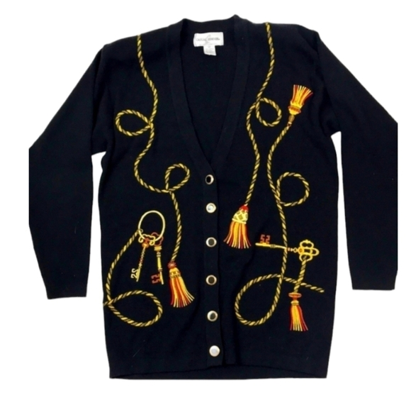 Vtg 90s Cardigan Black Sweater W/ Rope & Keys maximalist Embroidered Design Sz M - Picture 9 of 11